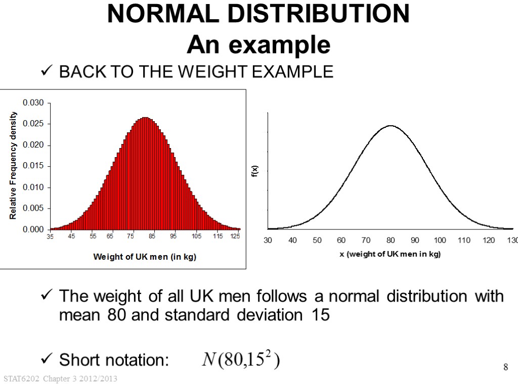 STAT6202 Chapter 3 2012/2013 8 The weight of all UK men follows a normal